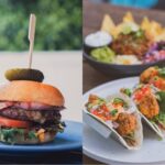 Bistro meals at Settlers Inn Port Macquarie featuring a burger and tacos served with classic pub-style sides.