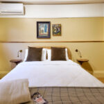 Double room at Darlo Bar accommodation in Darlinghurst, Sydney, with queen bed, artwork and natural light.